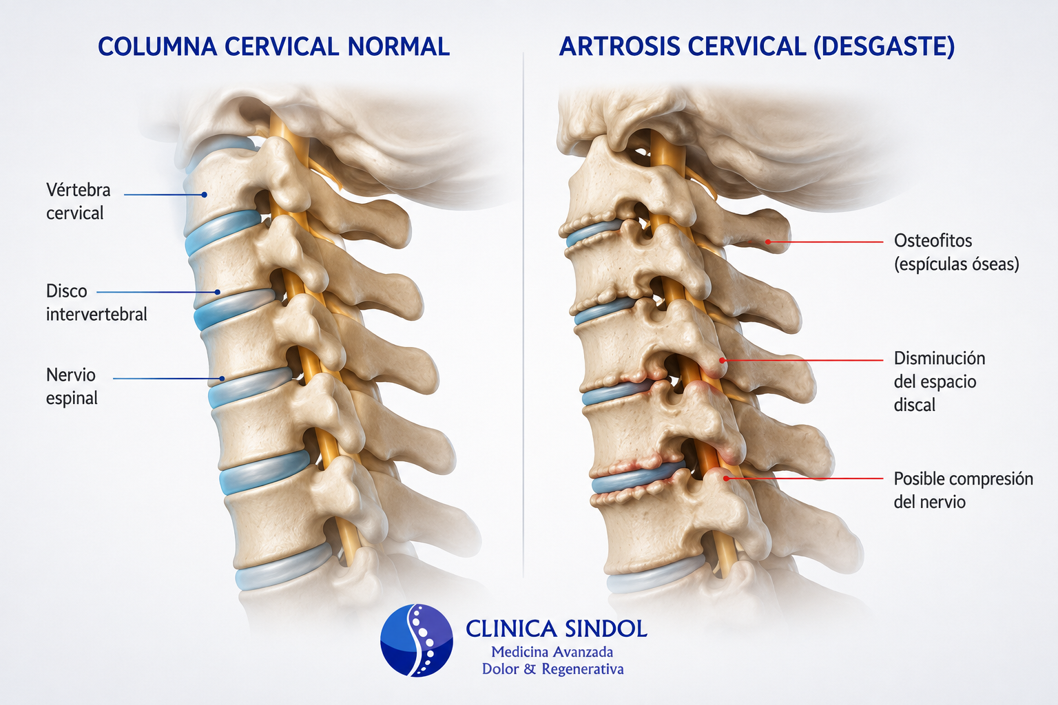 Fig. 1 La artrosis cervical produce cambios degenerativos en discos y articulaciones de la columna.